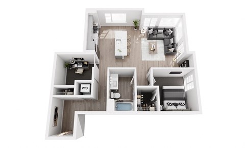 A top-down view of a modern apartment layout.